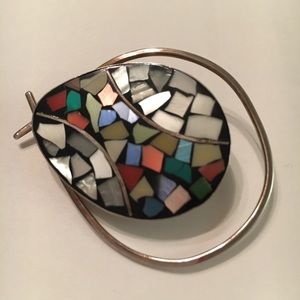 Sterling Silver Brooch Pendant Art Glass Mosaic Inlay